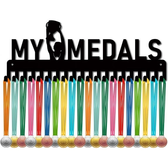 My Medals Medal Holder Display Dance Medal Hanger Rack Sports Metal Hanging Awards Iron Mount Decor with 20 Hooks for Wall Home Badge Race Running Gymnastics Swimming Black 15.7 x 5.9 Inch