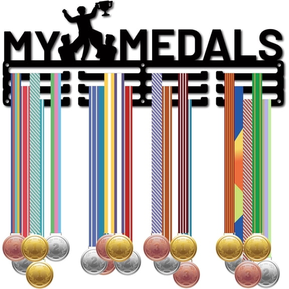 My Medals Sport Medal Hanger Iron Medal Holder Wall Mounted Badge Ribbon Exhibition Rack 3 Lines Separate Hooks for DIY Basketball Football Running Competition Champion Display 15.7x5.9in