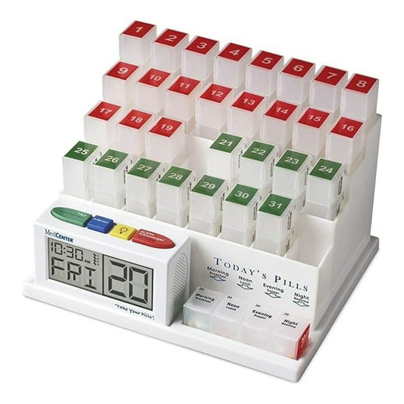 Medcenter 31-Day Pill Organizer with 4 Compartments and Alarm Clock for Medications and Vitamins