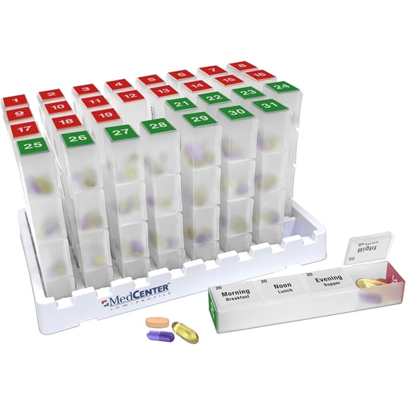 FSA/HSA Medcenter Monthly Medication Organizer, 31-Day Pill Box with 4 Daily Compartments (Extra Large)