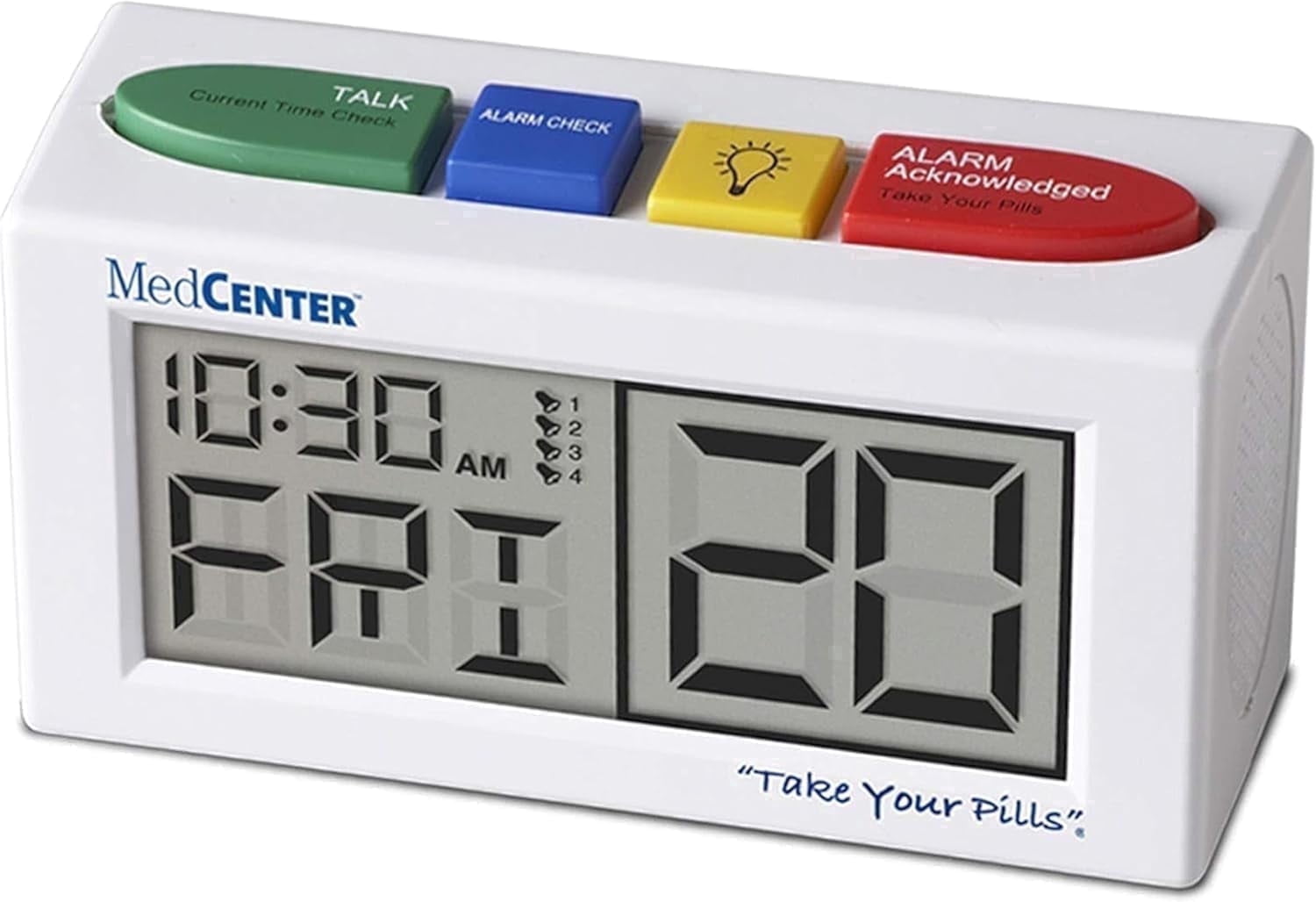 FSA/HSA Medcenter Talking Alarm Clock – Medication Reminder with Easy-Set Alerts for Seniors, Extra-Large Display, 0.56 lb, White