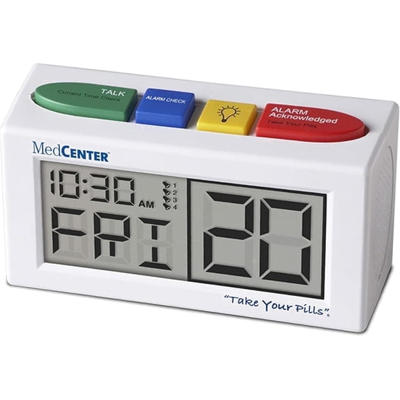 FSA/HSA Medcenter Talking Alarm Clock – Medication Reminder with Easy-Set Alerts for Seniors, Extra-Large Display, 0.56 lb, White