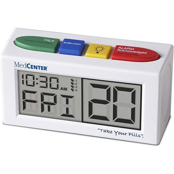 FSA/HSA Medcenter Talking Alarm Clock – Medication Reminder with Easy-Set Alerts for Seniors, Extra-Large Display, 0.56 lb, White