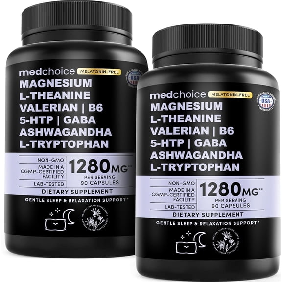 Medchoice 12-in-1 Melatonin-Free Sleep Aid Capsules with Magnesium Glycinate, 1280 mg, 90 Count, 2 Pack