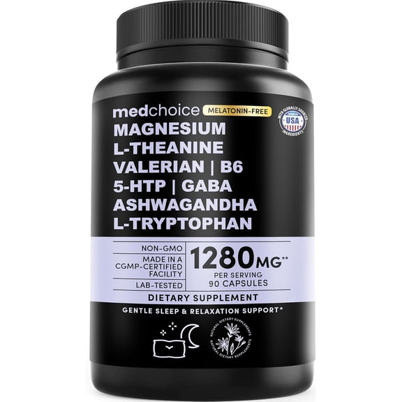 Medchoice 12-in-1 Melatonin-Free Sleep Aid Capsules with Magnesium Glycinate, 1280 mg, 90 Count