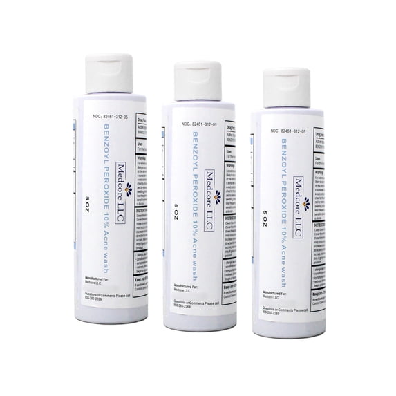 Medcore Benzoyl Peroxide 10% Acne Wash, 5 oz, Acne Treatment Face & Body Cleanser 3 Pack