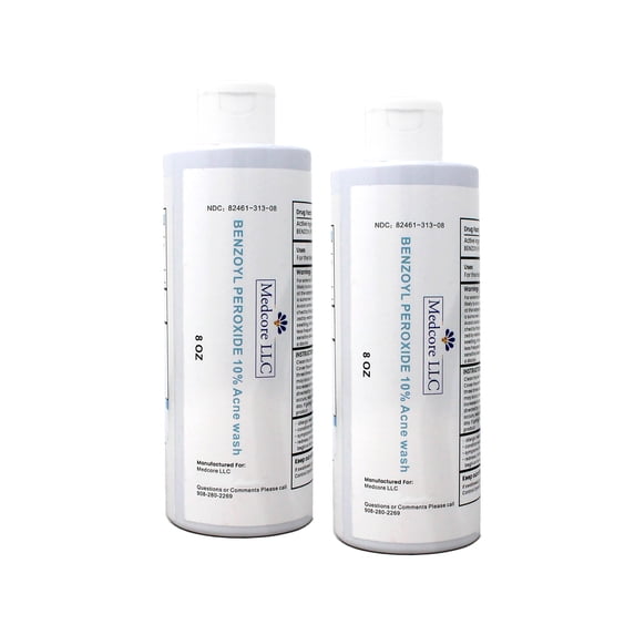 Medcore Benzoyl Peroxide 10% Acne Wash, 8 oz, Maximum Strength Acne Treatment, Face & Body Cleanser 2 Pack