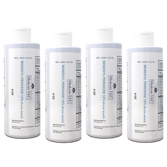 Medcore Benzoyl Peroxide 10% Acne Wash, 8 oz, Maximum Strength Acne Treatment, Face & Body Cleanser 4 Pack