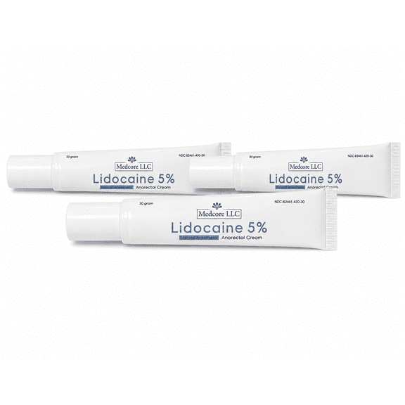 Medcore LLC Lidocaine 5% Topical Anesthetic Anorectal Cream, 30 Gram Tube, Temporary Relief for Local Pain, Soreness, Burning, Itching and Discomfort 3 Pack