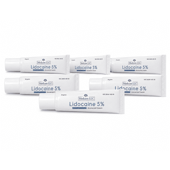 Medcore LLC Lidocaine 5% Topical Anesthetic Anorectal Cream, 30 Gram Tube, Temporary Relief for Local Pain, Soreness, Burning, Itching and Discomfort 6 Pack
