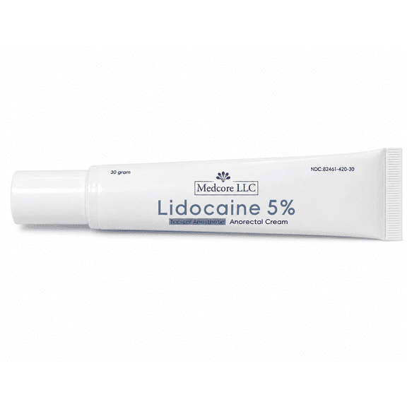 Medcore LLC Lidocaine 5% Topical Anesthetic Anorectal Cream, 30 Gram Tube, Temporary Relief for Local Pain, Soreness, Burning, Itching and Discomfort