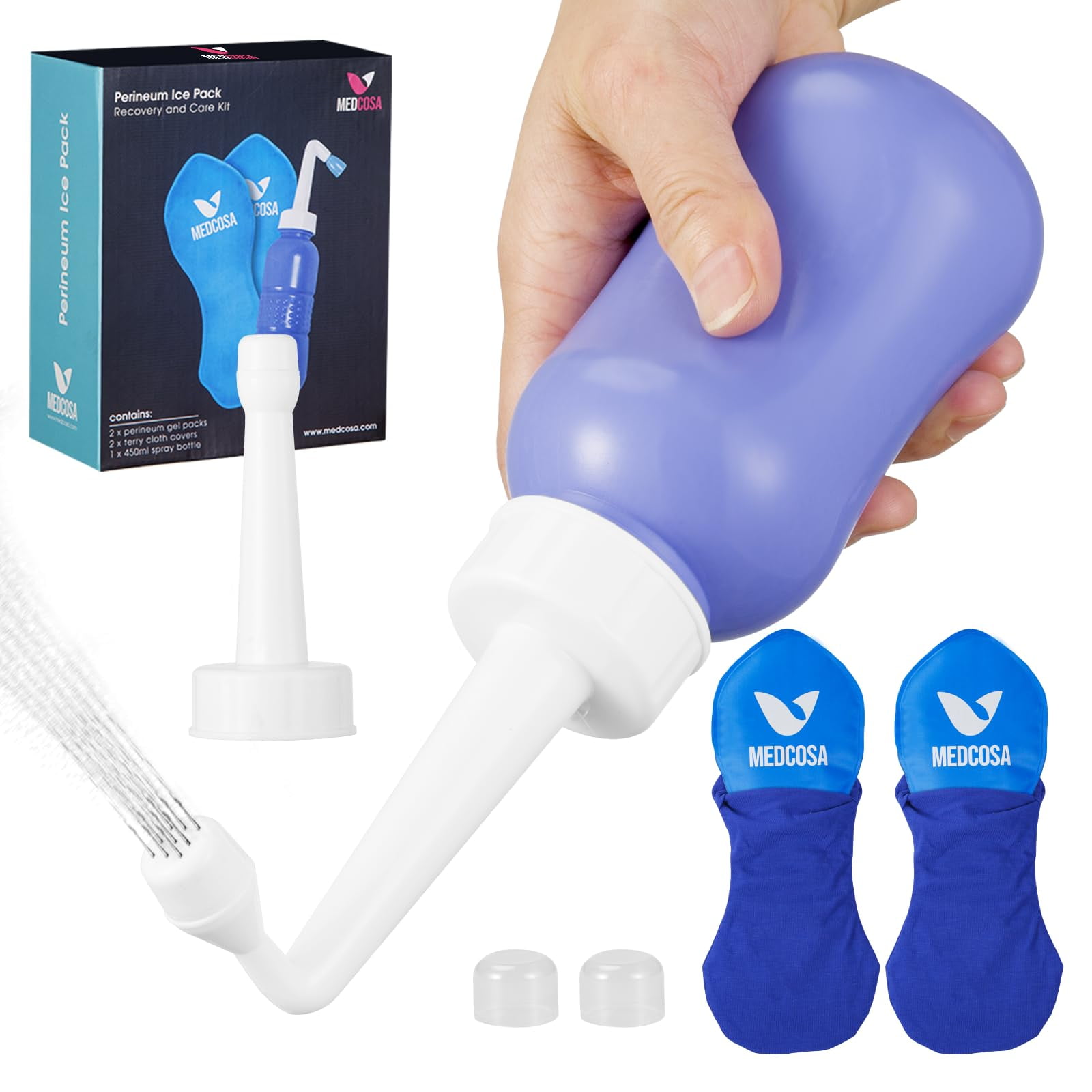 Medcosa Female Ice Pack and Perineal Bottle Set | Reusable Perineal Cold Packs & Portable Bidet Spray Bottle for Postpartum Pain Relief, Perinatal Ice Therapy and Intimate Hygiene Support After Birth