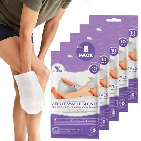 Medcosa Adult Washcloths for Incontinence - Unique Disposable Body Wipes Shaped Like a Glove. Unscented, Premoistened Wet Wipes, with Barrier Cream - 5 Pack (50 Wash Cloths) 50 Count (Pack of 5)