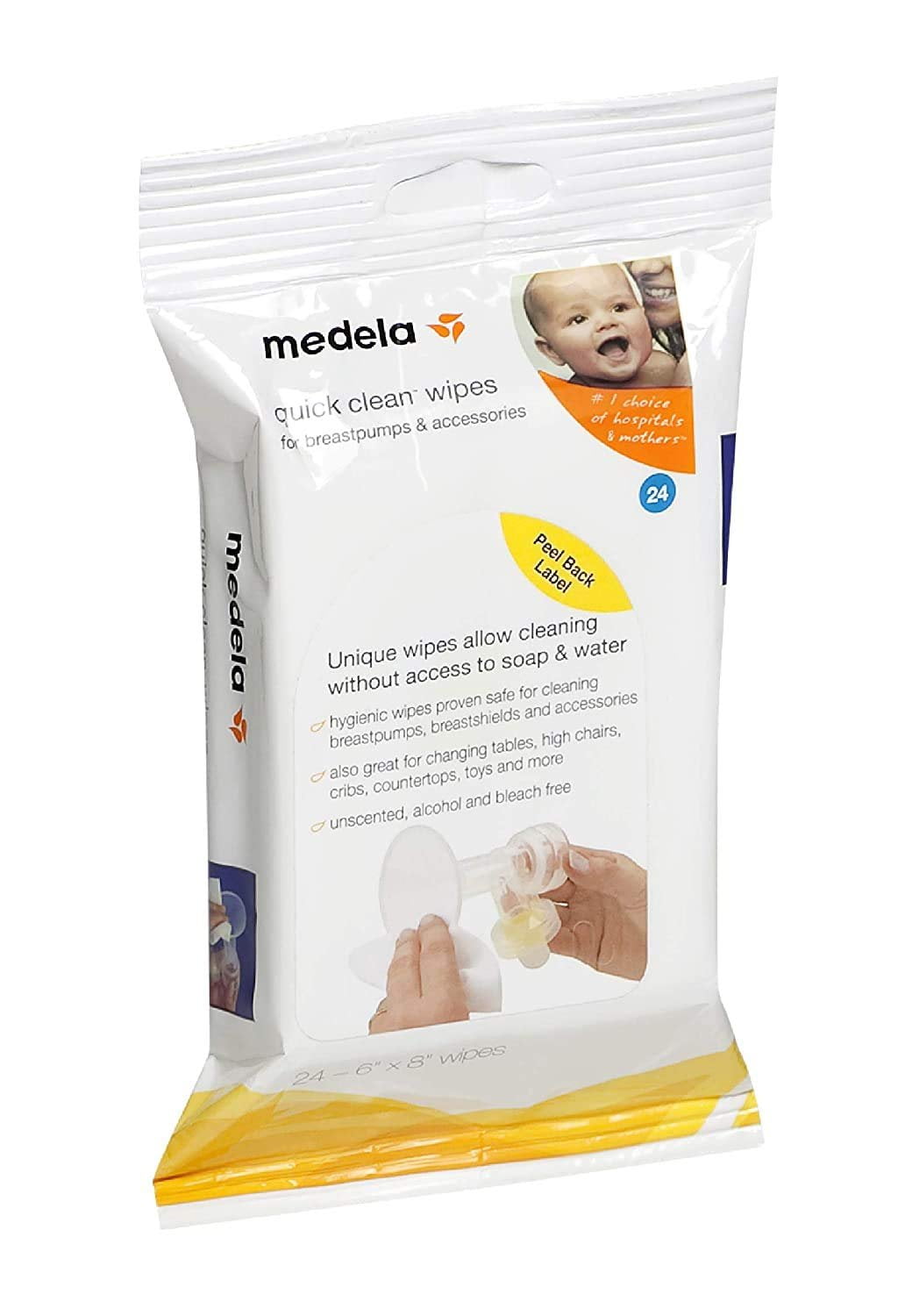 Medela Quick Clean Breast Pump and Accessory Wipes, 72 Wipes Total 3 Packs of 24, Convenient Portable Cleaning, Hygienic Wipes Safe for Cleaning High Chairs, Tables, Cribs and Countertops, 2 Pack