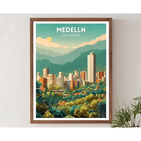 Medellin Colombia Retro Travel Mid Century Modern Mountain Cityscape Decor, Stretched Canvas