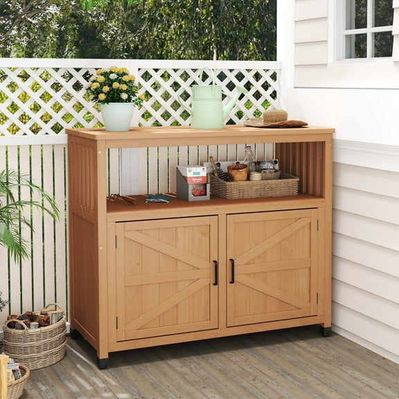 MEDERLO Wooden Patio Bar Table Set with Storage, Buffet Cabinet Sideboard for Outdoor and Indoor