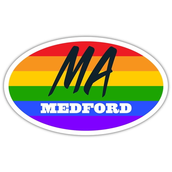 Medford MA Massachusetts Middlesex County Rainbow Pride Flag 6 Stripes Pride Flag Euro Decal Bumper Sticker 3M Vinyl 3" x 5"