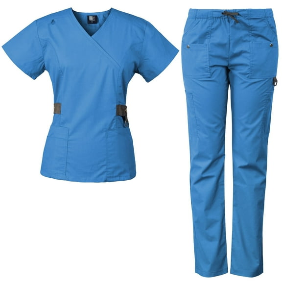 Medgear Women's Scrub Set with 12 Pockets, Silver Snap Detail & Contrast Trim