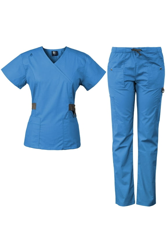 Women's Scrub Set with 12 Pockets, Silver Snap Detail & Contrast Trim