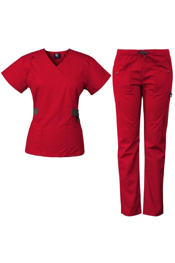 Women's Scrub Set with 12 Pockets, Silver Snap Detail & Contrast Trim