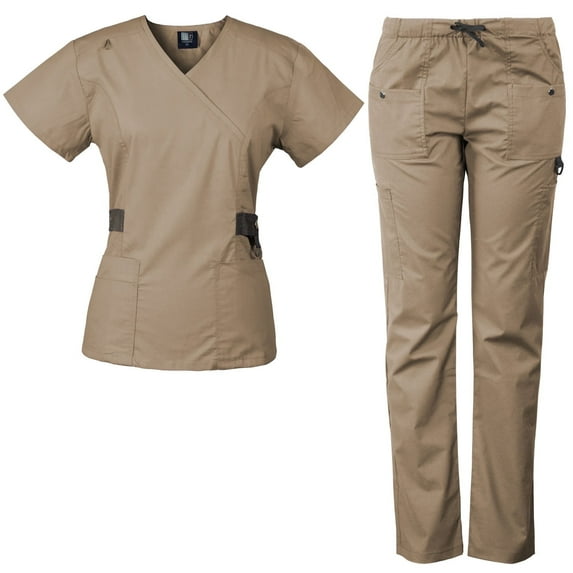 Medgear Women's Scrub Set with 12 Pockets, Silver Snap Detail & Contrast Trim