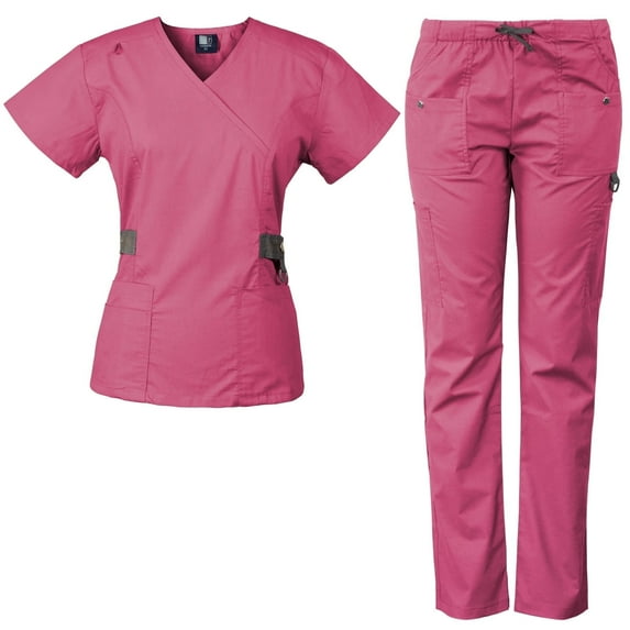 Medgear Women's Scrub Set with 12 Pockets, Silver Snap Detail & Contrast Trim