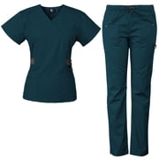 Medgear Womens Scrub Set with 12 Pockets, Silver Snap Detail & Contrast Trim