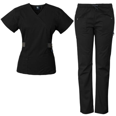Medgear Women's Scrub Set with 12 Pockets, Silver Snap Detail & Contrast Trim
