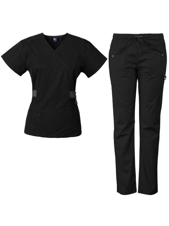 Women's Scrub Set with 12 Pockets, Silver Snap Detail & Contrast Trim