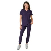 Medgear Aurora Women's Scrubs Set, V-Neck One Pocket Top with Knit Rib Cuffs Jogger Pants, Purple, M