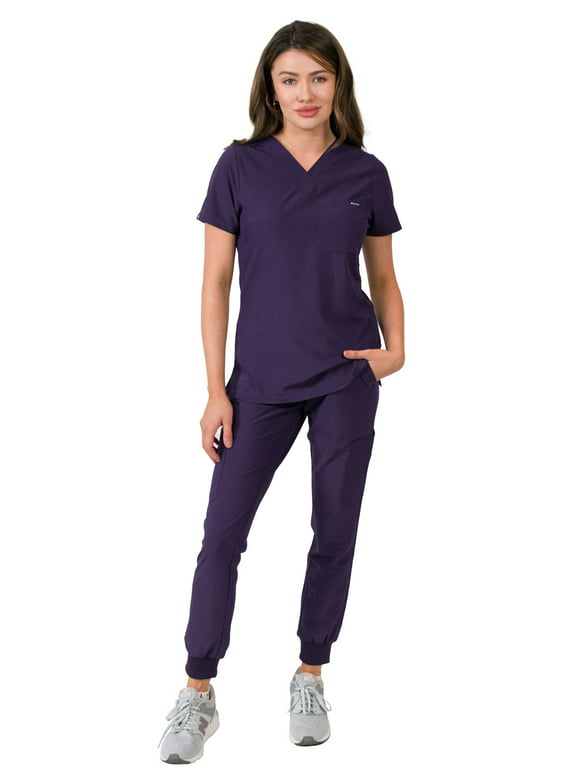 Medgear Aurora Women's Scrubs Set, V-Neck One Pocket Top with Knit Rib Cuffs Jogger Pants, Purple, M