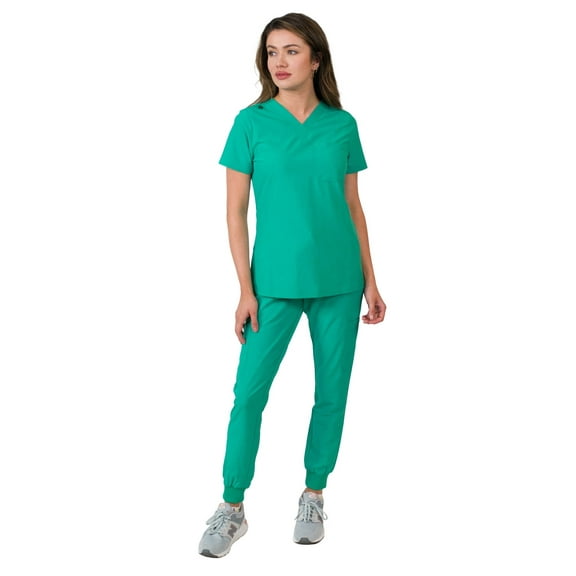 Medgear Aurora Women's Scrubs Set, V-Neck One Pocket Top with Knit Rib Cuffs Jogger Pants