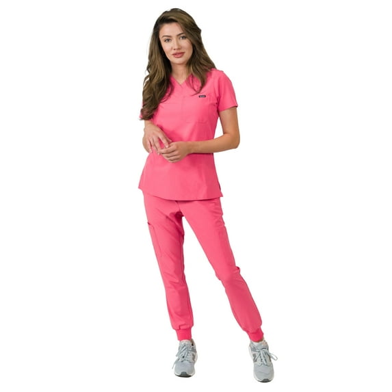 Medgear Aurora Women's Scrubs Set, V-Neck One Pocket Top with Knit Rib Cuffs Jogger Pants