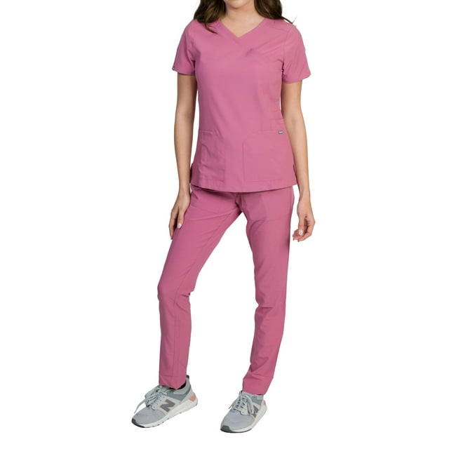 Medgear Celeste Women's Stretch Scrubs Set with Cross Over Neckline Top and Slim Leg Pants