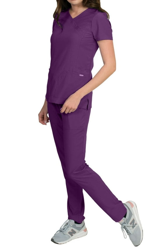 Celeste Women's Stretch Scrubs Set with Cross Over Neckline Top and Slim Leg Pants