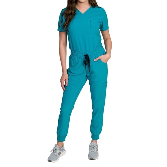 Medgear Fleur Women's Stretch Scrub Set with Zip Chest Pocket Top and Jogger Pants, Teal, Large