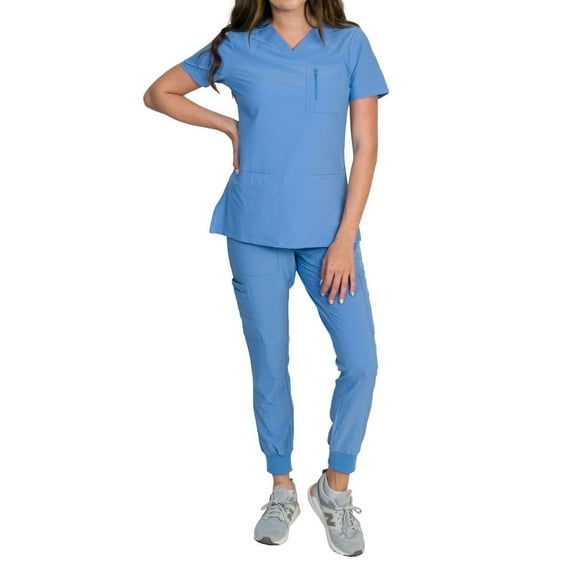 Medgear Fleur Women's Stretch Scrub Set with Zip Pocket Top and Jogger Pants, Ceil, Large