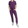thumbnail image 1 of Medgear Fleur Women's Stretch Scrub Set with Zip Pocket Top and Jogger Pants, Eggplant, Medium, 1 of 3