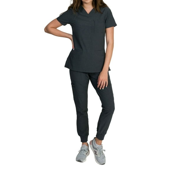 Medgear Fleur Women's Stretch Scrub Set with Zip Pocket Top and Jogger Pants, Heather Charcoal, X-Small