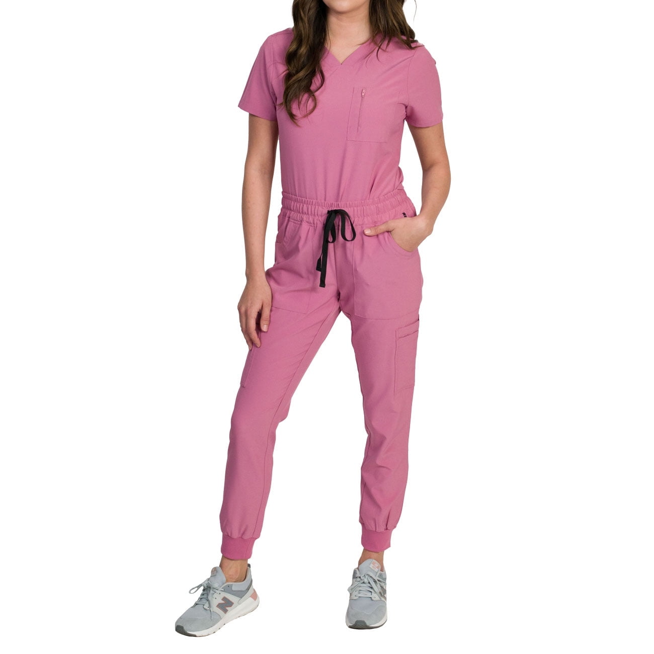 Medgear Fleur Women's Stretch Scrub Set with Zip Pocket Top and Jogger Pants, Mauve, 2XLarge