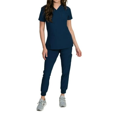 Medgear Fleur Women's Stretch Scrub Set with Zip Pocket Top and Jogger Pants, Navy, 2X-Large