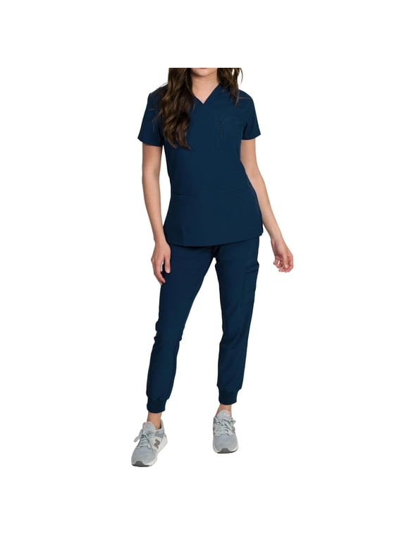 Fleur Women's Stretch Scrub Set with Zip Pocket Top and Jogger Pants, Navy, Medium