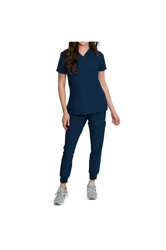 Fleur Women's Stretch Scrub Set with Zip Pocket Top and Jogger Pants, Navy, Medium