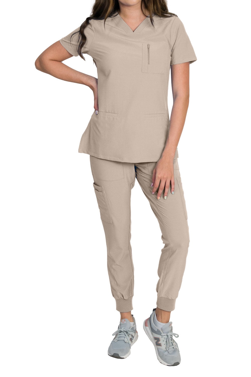 Medgear Fleur Women's Stretch Scrub Set with Zip Chest Pocket Top and Knit  Rib Cuffs Jogger Pants