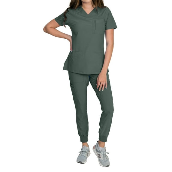 Medgear Fleur Women's Stretch Scrub Set with Zip Pocket Top and Jogger Pants, Seaweed, XX-Small