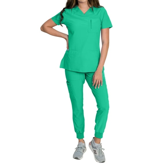 Medgear Fleur Women's Stretch Scrub Set with Zip Pocket Top and Jogger Pants, Spearmint, X-Small