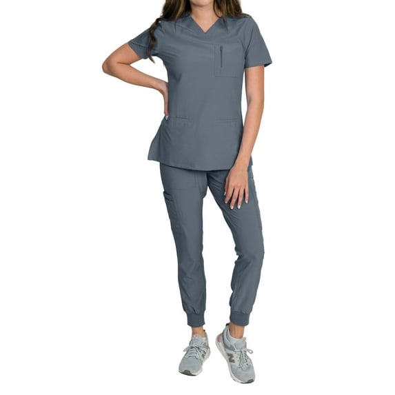 Medgear Fleur Women's Stretch Scrub Set with Zip Pocket Top and Jogger Pants, Titanium, X-Large