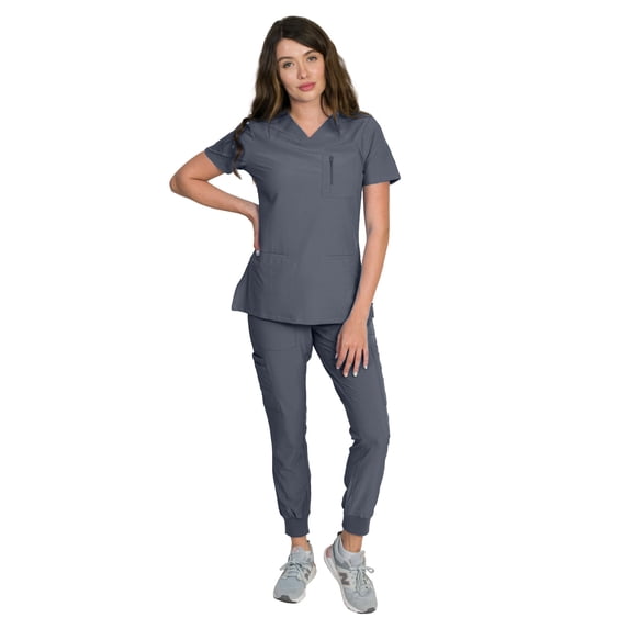 Medgear Fleur Women's Stretch Scrub Set with Zip Pocket Top and Jogger Pants