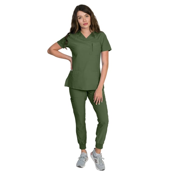 Medgear Fleur Women's Stretch Scrub Set with Zip Pocket Top and Jogger Pants