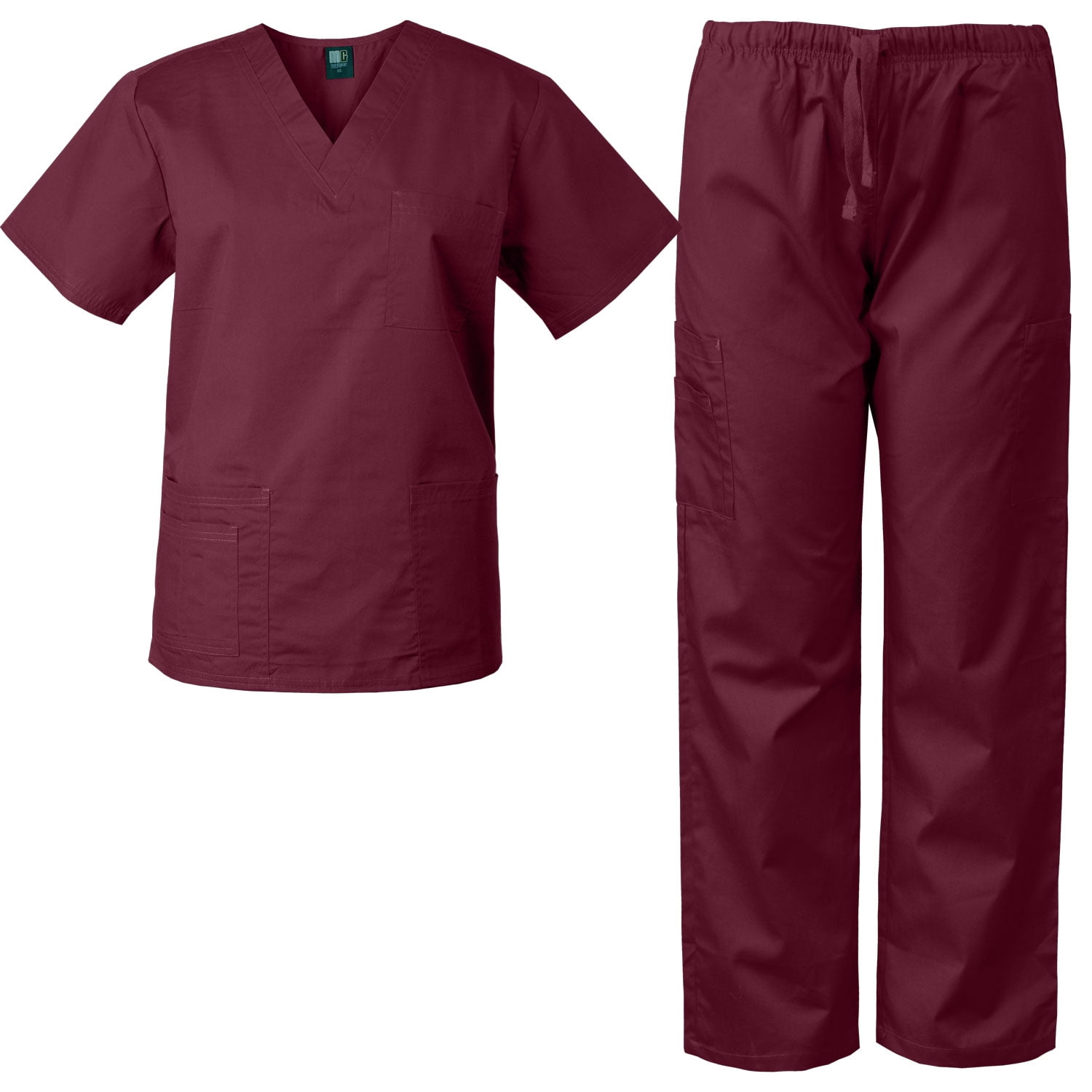 Medgear Mens Scrubs Set Medical Uniform, 4 Pocket Top & Cargo Pants, Burgundy, Medium